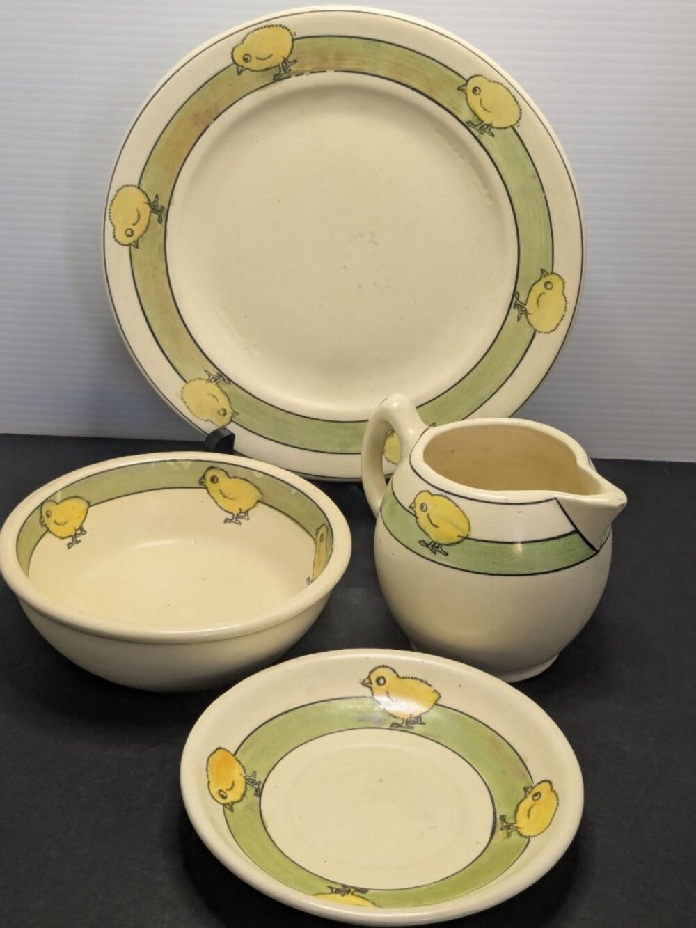 Antique Roseville Sweet Childs Chicks Pottery 4-Piece Dish Set With Green Band
